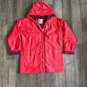 Classic Red Misty Harbor Hooded any time slicker with Plaid Lining